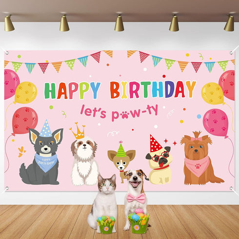 Dog Girl Party Decorations Pink Puppy Dog Themed Birthday Supplies Lets Party Banner Backdrop Dogs Cats Kids Birthday Photography Background Photo...