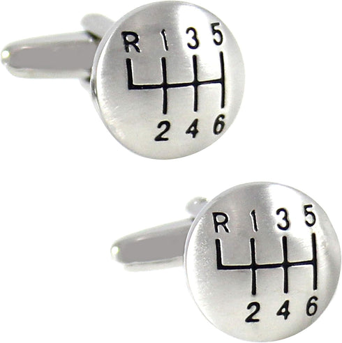 Matte Silver Tone Domed Shape 6 Speed Gear Shift Cuff links Car Cufflinks with Gift Box...