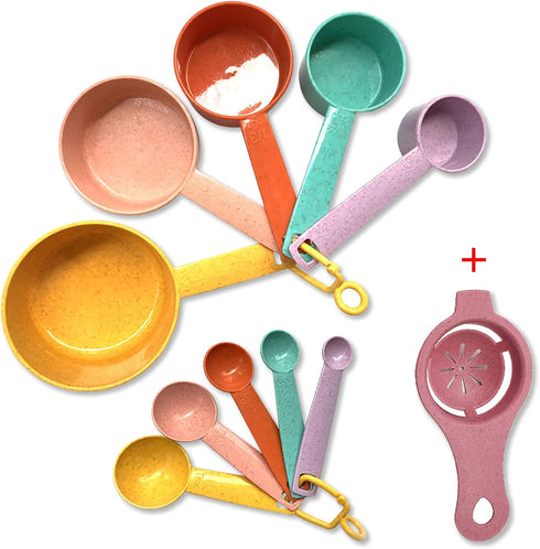 Plastic Measuring Cups and Spoons Set - 10 Pcs Colorful Kitchen Measuring Tool, Engraved Metric/US Markings Stackable Silicone Measure Cup for Liq...