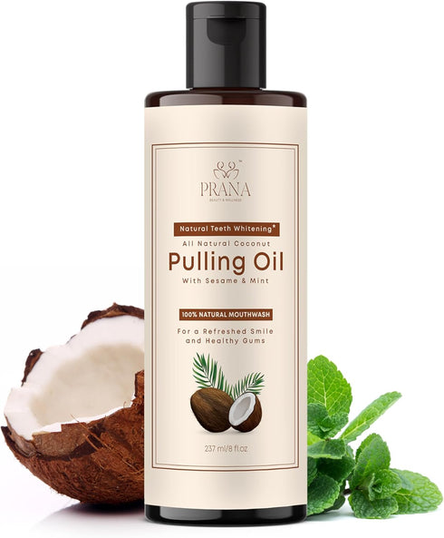 Prana Coconut Pulling Oil Mouthwash 237ml/8 fl.oz | with Tongue Scraper | Supports Healthy Gums & Fresh Breath | Ayurvedic Oil Pulling with Freshn...