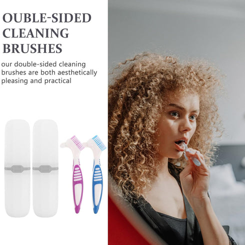 Healeved 2 Sets Denture with Toothbrush Cases, Denture Cleaning Personal Denture Toothbrush Small Double-Side Assorted Color...
