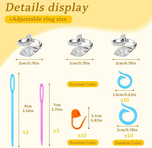 Yizzvb 3 Pcs Crochet Ring+30Pcs Stitch Markers, Knitting & Crochet Accessories Set, Adjustable Tension Rings for Finger Yarn, 6 Large Eye Blunt Ne...