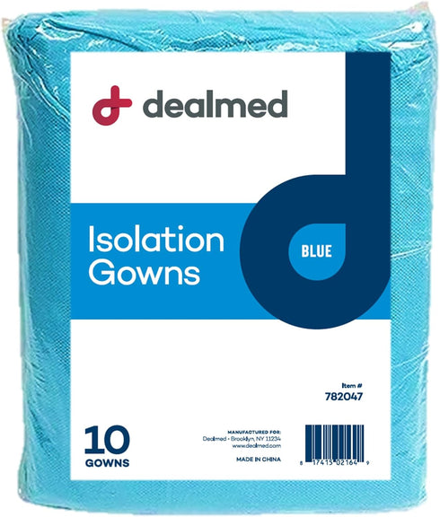 Dealmed Blue Isolation Gown – 10 Count of Disposable Medical Gowns, Blue Latex-Free, Perfect for Hospitals, Medical Facilities, and Physicians’ Of...