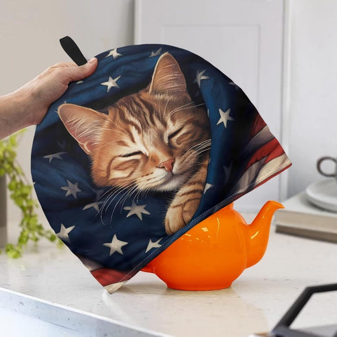 Tutolip US Flag Sleeping Cat Tea Pot Cover Warm Keeper with Top Hanging Loop Insulated Tea Kettle Cover Dust Proof Tea Cosies for Kitchen Home Dec...
