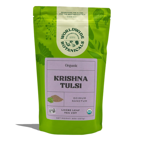 Worldwide Botanicals Organic Holy Basil Tea, 8oz - Tulsi Krishna - Loose Leaf Premium Herbal Tea, 100% Pure Tulsi Holy Basil, Fair Trade, Adaptoge...