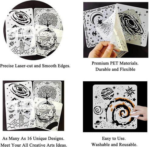 Sun Moon Stars Stencils Set (16 Designs, 6x6 in) | 16pcs Reusable Outer Space Stencils | Astronaut Universe Galaxy Planets Theme Drawing Templates...