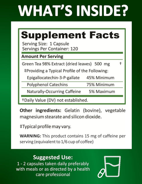 Green Tea Extract with EGCG Natural Energy, Mental Focus, Immune Support, Antioxidant and Healthy Heart Formula, Non-GMO 120 Green Tea Extract Cap...
