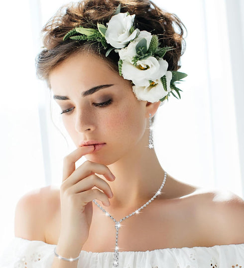 4Pcs Bridal Teardrop Necklace Dangle Earrings Rhinestone Bracelet Set Silver Wedding Jewelry Set for Women for Wedding Party...