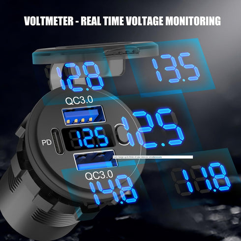 2 Pack 12 Volt USB Outlet Dual Quick Charge 3.0 Port and PD3.0 USB C Car Battery Chargers Socket, Waterproof 12V Power Outlet Cigarette Lighter Re...