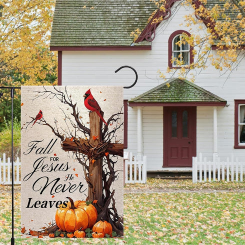Fall For Jesus He Never Leaves Garden Flag 12x18 Inch Double Sided Outside, Autumn Thanksgiving Cardinal Pumpkin Cross Yard Outdoor Flag...