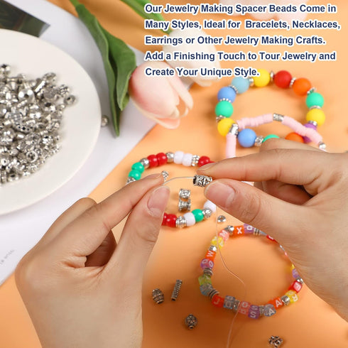 UPINS 300Pcs Silver Spacer Beads for Jewelry Making Metal Tibetan Antique Beads Bracelet Necklace Crafts Alloy Loose Beads with Radom Styles for D...