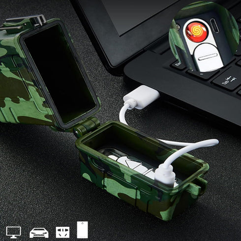 Waterproof Cigarette Case with Lighter, Full Pack 20 Regular Holder Electric Lighter USB Rechargeable, Windproof Flameless for Outdoor Adventures ...