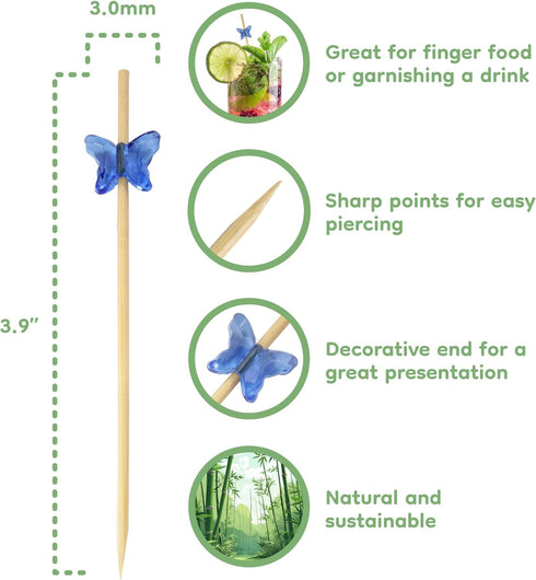 BambooMN 3.9" Decorative Acrylic Butterfly Bamboo Cocktail Fruit Sandwich Picks Skewers for Catered Events, Holiday, Restaurants or Buffets Party ...