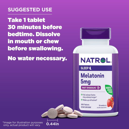 Natrol Sleep Melatonin 5mg Fast Dissolve Tablets, Nighttime Sleep Aid for Adults, 200 Strawberry-Flavored Melatonin Tablets, 200 Day Supply...