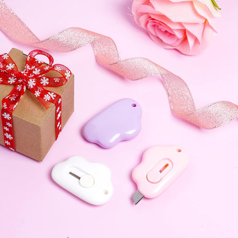 3 Pcs Mini Retractable Utility Knife Cloud Pocket Box Cutters Plastic Letter Opener Slide Open with Keychain Hole for Box Letter Envelope, Cloud S...