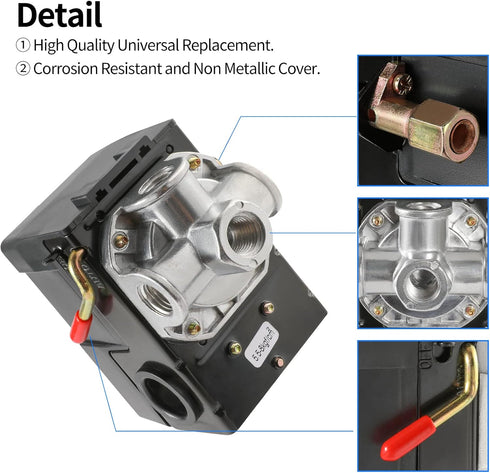 Air Compressor Pressure Switch Replacement LF10-4H with 95-125 PSI Range and 20A Rating, 4-Port...