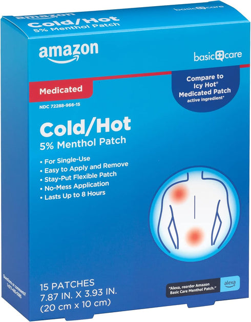 Amazon Basic Care Medicated Cold Hot 5% Menthol Patch, 7.87” x 3.93”, 15-Count Box (Previously HealthWise)...