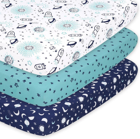 The Peanutshell Pack n Play Sheets, Fitted Mini Crib Sheets, Playard Sheets, Playpen, Portable Crib Bedding for Boy or Girl, Celestial Space 3 Pac...