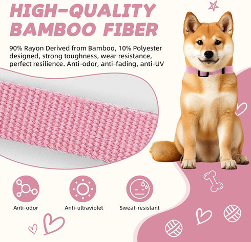 Pink Dog Collar and Leash Set for Medium Dogs Soft and Breathable of 90% Rayon from Bamboo and 10% Polyester Comfortable Skin-Friendly, Adjustable...