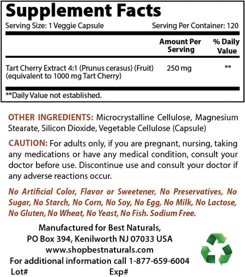 Best Naturals Tart Cherry Extract 1000 mg (Non-GMO) Veggie Capsules - Promotes Healthy Uric Acid levels within normal range, Healthy Joint Functio...