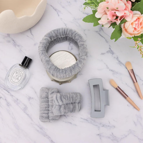 4Pcs Gray Spa Headband and Face Washing Wristbands Set, Skincare Headband Face Wash Headband Makeup Headband, Hair Claw Clip Skin Care Headband fo...
