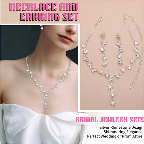 4 Pcs Bridal Jewelry Set Rhinestone Necklace Earrings Bracelet Ring Silver Wedding Jewelry Set Rhinestone Jewelry Set for Women/Brides/Bridesmaids...
