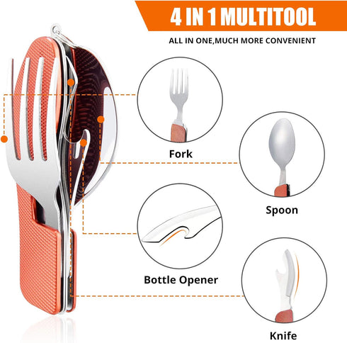 Camping Eating Utensils HIKENTURE 4-In-1 Stainless Steel Spoon Fork Knife Bottle Opener Set,Foldable Backpacking Cutlery for Traveling, Hiking, Bo...