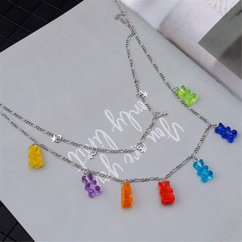 N/Q Layered Punk Gothic Resin Gummy Cartoon Bear Link Chain Pendant Necklace Colorful Rock Hip Hop Transparent Animal Choker Necklace for Women Pa...