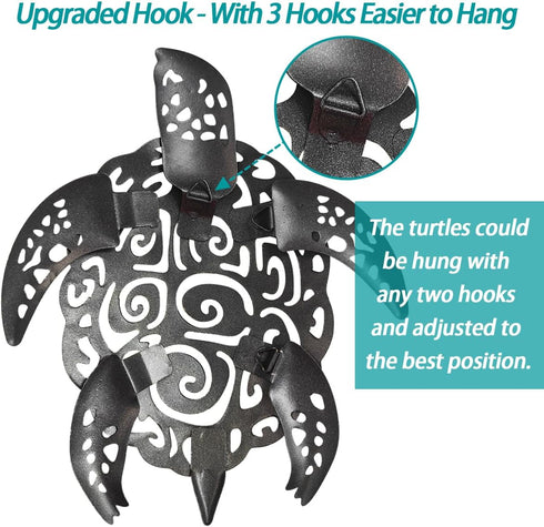 Set of 3 Metal Sea Turtle Beach Theme Decor Wall Art Decorations for Indoor Outdoor Bathroom Garden, Upgraded Hook...