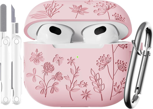 for Airpods 3rd Generation Case - Flower Engraved Soft Silicone Case Compatible with Airpods Case 3rd Generation - Cute Case for Airpod 3rd Genera...