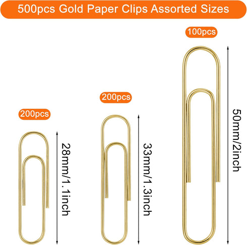 500pcs Gold Paper Clips Assorted Sizes Small, Medium and Large Paperclips for Paperwork Ideal for Home, School and Office Use...