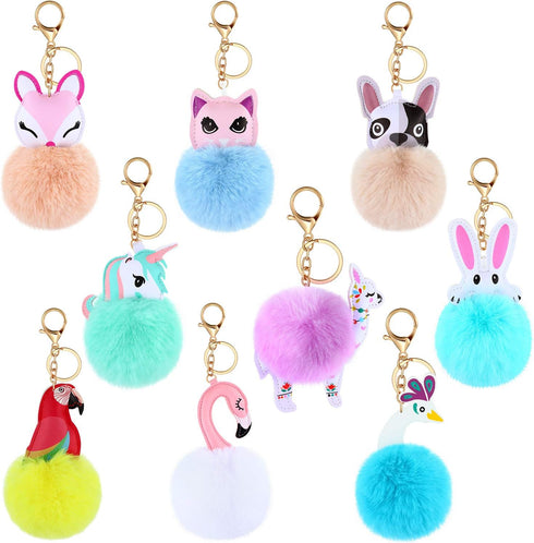 WILLBOND 9 Pieces Animal Pom Pom Keychain Cute Faux Fur Key Ring for Women Girls Bag Accessories...