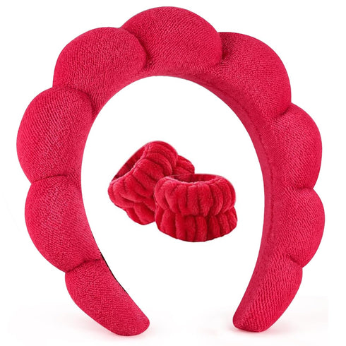 Spa Headband for Washing Face Wristband Set Sponge Makeup Skincare, Terry Cloth Bubble Soft Get Ready Hairband for Women Girl Puffy Padded Headwea...
