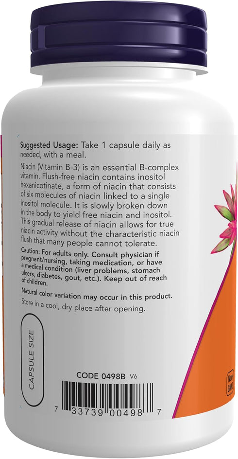 NOW Supplements, Niacin (Vitamin B-3) 500 mg, Flush-Free, Double Strength, Nutritional Health, 90 Veg Capsules...