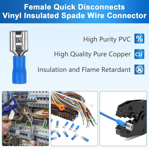 200 Pcs Female and Male Quick disconnects Vinyl Insulated Spade Wire Connectors, Blue Electrical Crimp Terminal 16-14 AWG (6.3mm)...