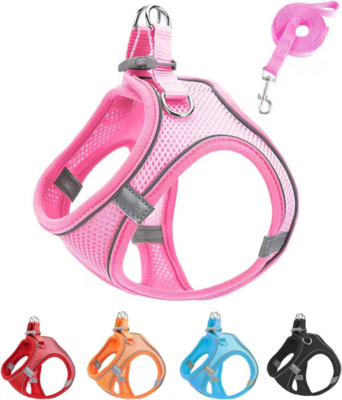 XS Pink Soft Mesh Dog Harness and Leash Set,No Escape Easy Walk Puppy Harnesses for Training Walking? Reflective Adjustable Puppy Vest for Small M...