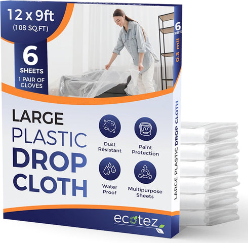 6 Pack 12 x 9 ft Extra Large Painter’s Plastic Drop Cloth Painting Sheet-Light & Durable Dust Cover-Clear Plastic Sheet-Plastic Sheeting-Plastic C...