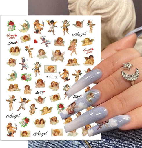 8 Sheets Angel Nail Stickers for Nail Art 3D Love God Cupid Nail Art Stickers Self-Adhesive Heart Rose Nail Supplies Cupid Angel Wings Flower Nail...