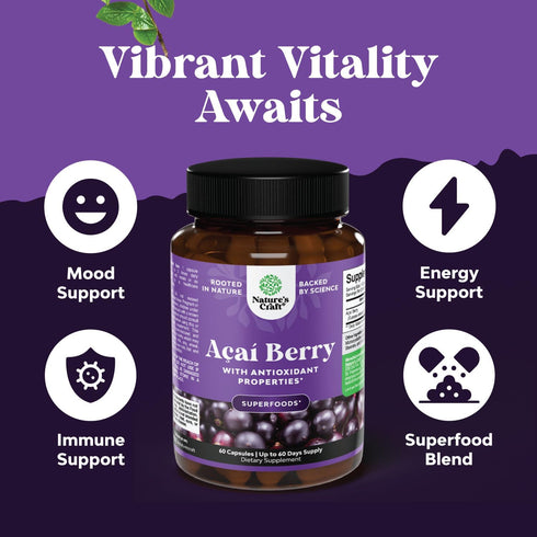 Acai Berry Capsules Antioxidant Supplement - Acai Berry Cleanse Superfood Supplement for Brain Booster Heart Health and Natural Energy Boost - Aca...