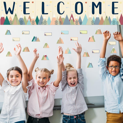 87Pcs Welcome Bulletin Board set Moving Mountains Bulletin Boarder Welcome Banner Classroom Decoration Paper Cutouts for School Supplies Wall Deco...