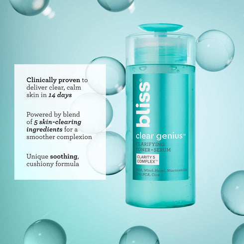 Bliss Clear Genius Clarifying Toner + Serum - 4.3 Fl Oz - Purifies Pores, Tones, Calms & Clears Skin - Salicylic Acid, Niacinamide & Witch Hazel -...