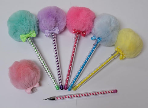 Puff Pom Poms Party Pens -6 Pack - Party Favor, Stocking or Gift Basket Stuffer...