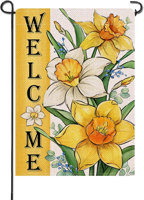 Welcome Spring Summer Floral Flower Small Decorative Garden Flag, Yellow Daffodil Eucalyptus Leaves Yard Lawn Outside Decor, Seasonal Burlap Outdo...