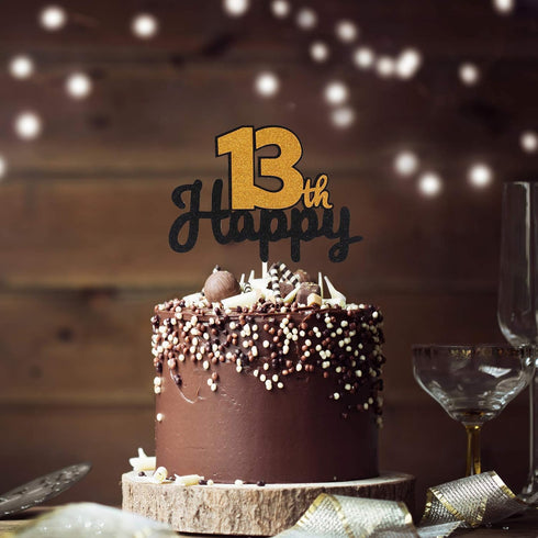 Happy 13th Birthday Black & Gold Glitter Cake Topper | Kids Boys or Girls 13 Birthday Thirteen Years Old Party Decorations....