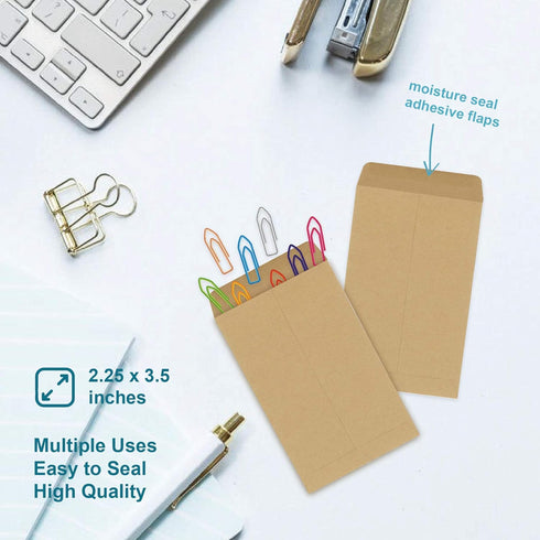 Coin Envelopes, 100 Pack Kraft Seed Envelopes, Small Parts Envelopes with Gummed Seal, 2.25 x 3.5 Inches...