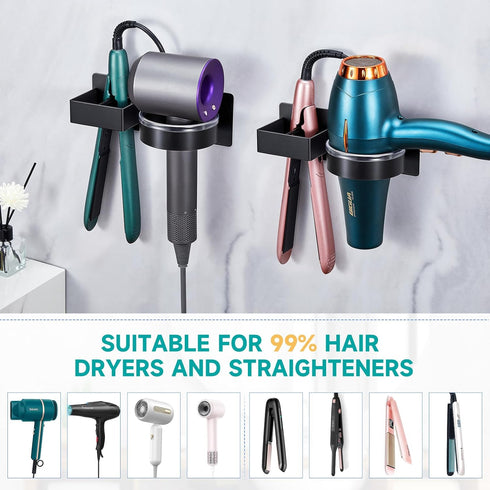 Hair Dryer Holder Wall Mounted, Black Blow Dryer Holder, Stainless Steel Hair Tool Organizer for Hair Straightener Holder, Adhesive Hairdryer Hold...