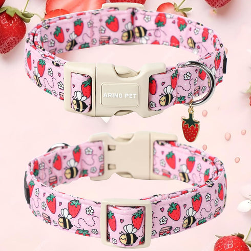 ARING PET Summer Dog Collar-Cute Pink Dog Collar for Small Dogs, Adjustable Strawberry Bees Print Pet Collars Puppy Collar for Small Medium Large ...