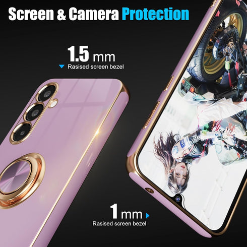 for Samsung Galaxy S23 FE Case,+Screen Protector,with Magnetic Kickstand,Built-in 360° Rotation Ring Holder,Plating Gold Edge Slim Soft TPU Shockp...