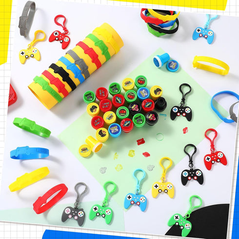 Skylety 72 Pcs Video Game Party Favor Set, Rubber Bracelets Stamps Video Game Acrylic Lobster Keychain Gamer Birthday Party Favors Supplies, Gift ...