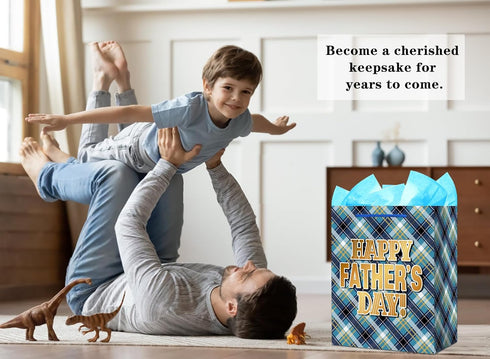 FaCraft Fathers Day Gift Bag - 13" Large Happy Fathers Day Gift Bag with Tissue Paper and Handle for Dad Stepdad Grandfather Husband First Time Da...